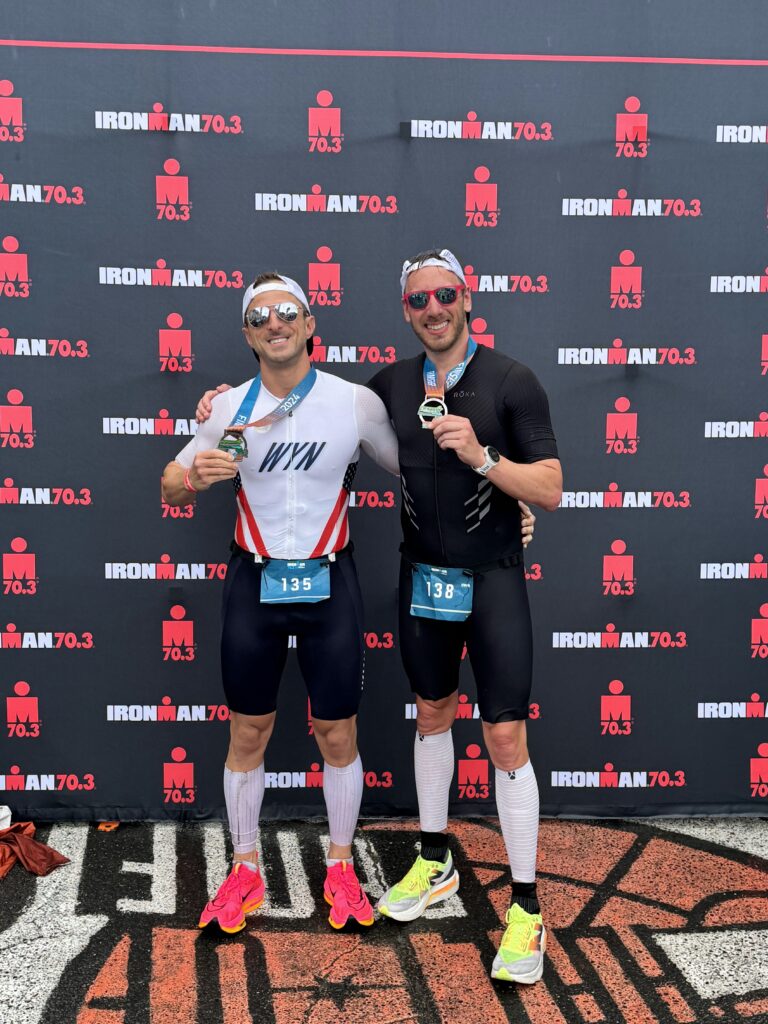 Tim and his friend Billy, completing a triathlon 